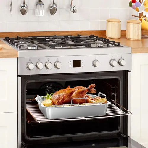 Miniatura 5 de Onlyfire Sartén para asar con estante en U – Asador de acero inoxidable para hornear, sartén rectangular de lasaña de pavo de 16 pulgadas para asar