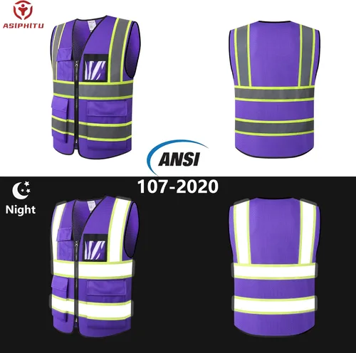 Miniatura 4 de Chaleco de seguridad reflectante de alta visibilidad para hombres y mujeres con bolsillos y cremallera frontal, cumple con los estándares ANSI/ISEA