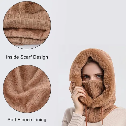 Miniatura 7 de Gorro de vellón para mujer de una pieza con capucha pasamontañas cálido invierno resistente al viento con cordón