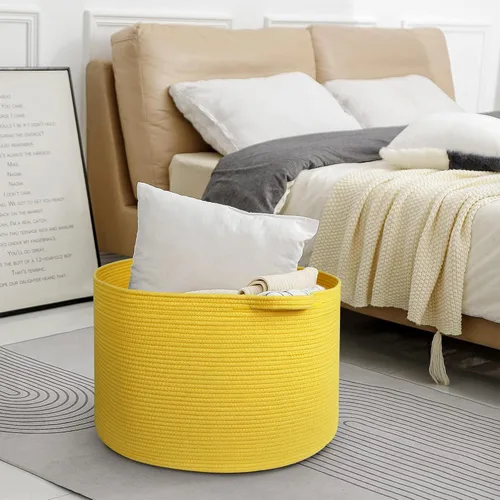 Miniatura 4 de MEGASKET Cesta amarilla extragrande, 22 x 22 x 14 pulgadas, cuerda de algodón, decoración amarilla para sala de estar, dormitorio, cesta tejida