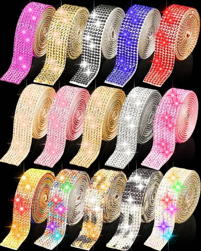 Miniatura 9 de Meanplan 15 rollos de tiras de cinta autoadhesivas con diamantes de imitación de cristal, brillantes, brillantes, colores mezclados, rollo de cinta