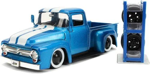 Jada Just Trucks 1:24 1956 Ford F-100 - Coche fundido a presión con rayas azules y blancas con estante para neumáticos, juguetes para niños y adultos