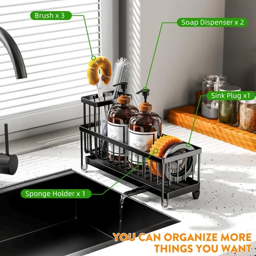 Miniatura 6 de Cisily Soporte de esponja negro extra grande para fregadero de cocina, organizador de fregadero con soporte alto para cepillos, organizadores