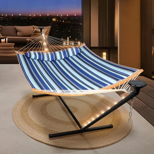 Miniatura 13 de SUNCREAT Hamaca doble para exteriores con soporte de 12 pies, hamacas autoportantes con soporte, beige