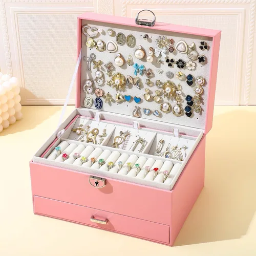 Miniatura 8 de BOOVO Joyero de aretes para mujeres y niñas, organizador de tachuelas, caja organizadora de joyas de 5 capas con candado, organizador de aretes