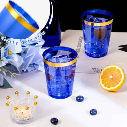 Miniatura 7 de Supernal 100 piezas de vasos de plástico azules, vasos desechables transparentes azules claros de 10 onzas con borde dorado, vasos de plástico
