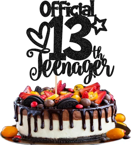 Rsstarxi 1 paquete de 13 decoraciones oficiales para tartas de adolescentes con purpurina negra para decoración de pastel de cumpleaños de 13 años,