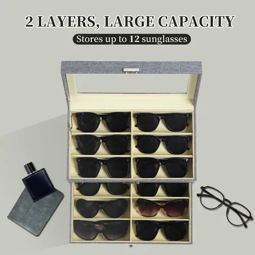 Miniatura 11 de AUTOARK AW-023 - Organizador de cuero para guardar lentes de sol, 12 piezas, color negro, AW-023