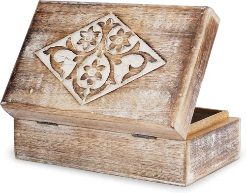 Miniatura 10 de Ajuny Joyero de madera con tallas florales y de diamantes, hecho a mano, decorativo, marrón y blanco, caja de almacenamiento multiusos, organizador