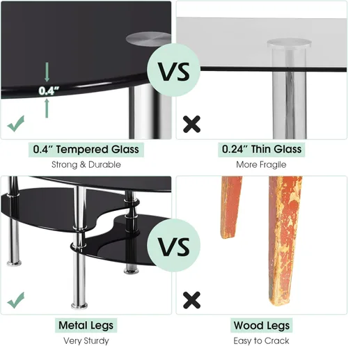 Miniatura 5 de COSTWAY Mesa auxiliar de cristal, mesa auxiliar de sofá de 3 niveles con patas de tubo de metal y estantes abiertos, moderna mesa auxiliar ovalada