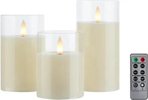 Miniatura 11 de Velas de pilar sin llama de vidrio parpadeantes con temporizador remoto, velas LED de cera real con llama en movimiento 3D operadas por batería