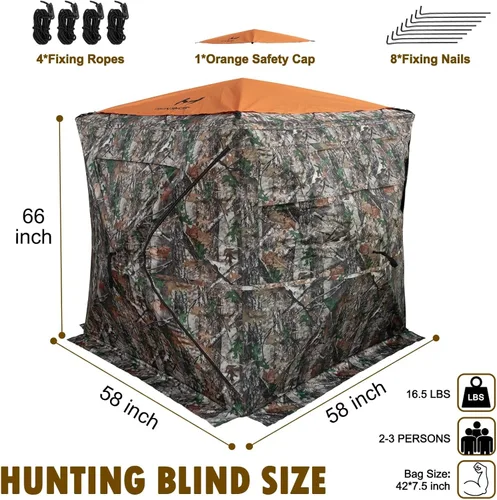 Miniatura 8 de Hunting Blind for 2-3 Person, See-Through Ground Blind with Silent Zipper and Orange Top, Portable Pop-Up Tent for Deer and Turkey Hunting with