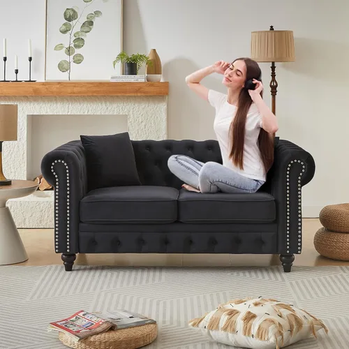 Miniatura 11 de Juego de 2 sofás Chesterfield de terciopelo de 85.5 pulgadas, 3 plazas + 63.5 pulgadas, sofá moderno con brazos enrollados y 2 cojines para sala