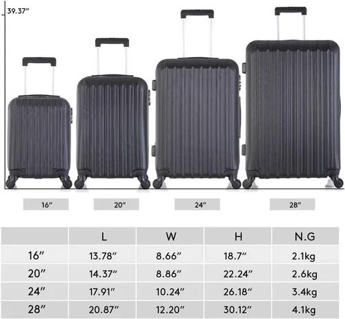 Miniatura 9 de Juego de 4 piezas de equipaje con ruedas giratorias Maleta de viaje rígida y ligera 16" 20" 24" 28