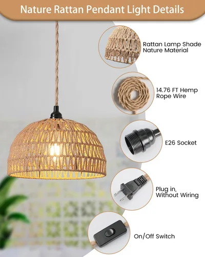 Miniatura 4 de Lámpara colgante de ratán, luces colgantes bohemias, cable de enchufe, luz colgante de ratán, enchufe en la pared, interruptor de encendido/apagado
