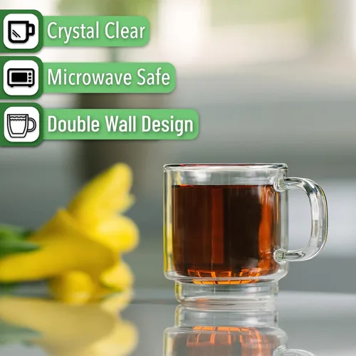 Miniatura 4 de BTaT- Tazas de café apilables de doble pared, 2 onzas, juego de 6, tazas de café Demitasse transparentes, tazas de café con aislamiento de doble