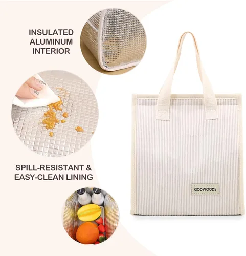 Miniatura 5 de TELLUMO Bolsa de almuerzo de corduroy para mujeres y hombres, linda bolsa de almuerzo con aislamiento y gran capacidad (7.5L), bolsa de almuerzo