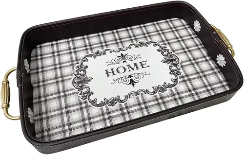 Miniatura 2 de Elegante bandeja de cuero con asas, bandeja decorativa a cuadros en blanco y negro para desayuno, almuerzo, cena, aperitivos, patio, otomana, mesa