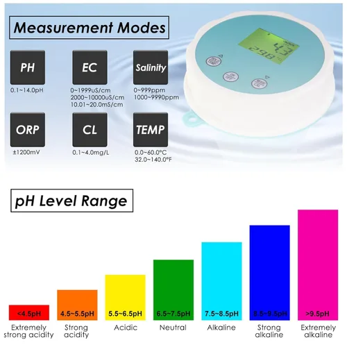 Miniatura 4 de Probador inalámbrico de calidad de agua 6 en 1, monitor de calidad de agua flotante Bluetooth para piscinas, spas e hidroponía, pH, EC, ORP, cloro