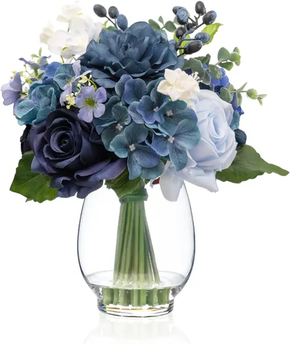 Miniatura 9 de WELL KNOWN Flores falsas en jarrón, flores artificiales con agua falsa, rosa de seda sintética de tacto real y tulipanes florecientes, flor