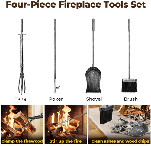 Miniatura 2 de AMAGABELI GARDEN & HOME Estante de leña para interiores con herramientas, juego de herramientas para chimenea, soporte de madera de hierro forjado