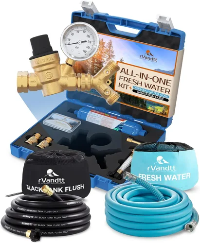 Kit de Agua Dulce para RV con Manguera de Agua Potable y Sanitaria - Regulador de Presión de Agua para RV, Filtro, Conectores de Manguera, Kit de