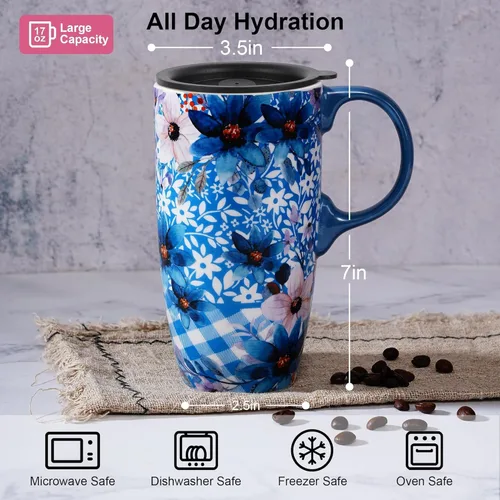 Miniatura 4 de Taza de viaje de cerámica Topadorn con asa y tapa deslizante resistente a salpicaduras, adecuada para café y té, apta para microondas y Azul