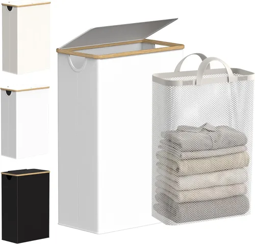 Miniatura 34 de efluky Cesta de lavandería con tapa y bolsa extraíble, cesta de lavandería de 100 litros de alto con asas de bambú, papelera estética para ropa Gris