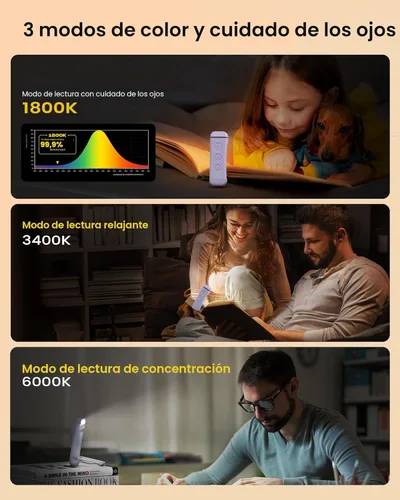 Miniatura 3 de Glocusent - Luz de libro recargable USB, luz de lectura LED portátil con clip, luces de lectura para libros en la cama con 3 colores ámbar y 5