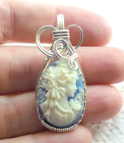 Miniatura 2 de Colgante de plata de ley 925 azul griego diosa mariposas camafeo grande