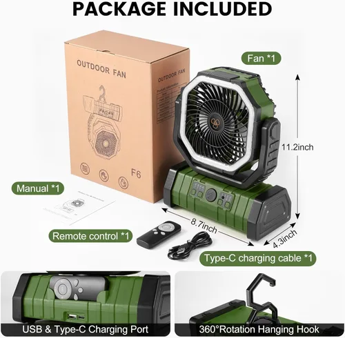 Miniatura 7 de Odoland Ventilador de camping de 30000 mAh con linterna LED, recargable, funciona con batería, oscilante con control remoto y gancho, ventilador