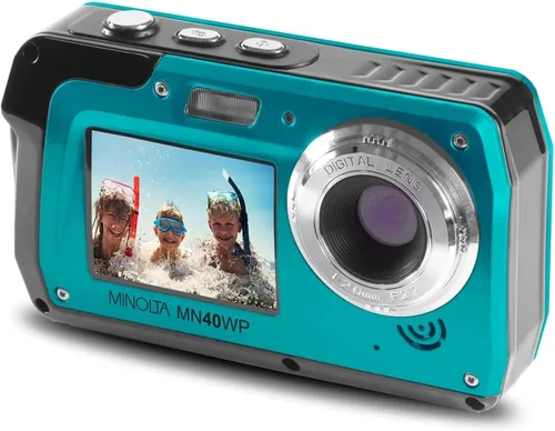 Minolta MN40WP Cámara digital impermeable de 48 MP – Pantallas LCD duales, video QHD de 2.7K, zoom digital de 16x, estabilización de imagen, Azul