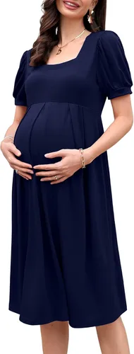 MISSKY Vestidos de maternidad de manga corta para mujer, cuello cuadrado, fruncido, ropa de embarazo para uso diario o baby shower