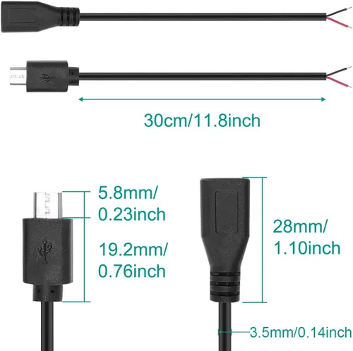 Miniatura 5 de Cable micro USB macho hembra a 2 extremos de cable abiertos, conector USB 2.0 a 2 cables, cable de extensión de cable de alimentación, conector