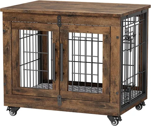 Miniatura 8 de YaFiti Mueble de jaula para perros con cojín, perrera de madera para interiores con puertas dobles, jaula para perros con ruedas, mesa auxiliar
