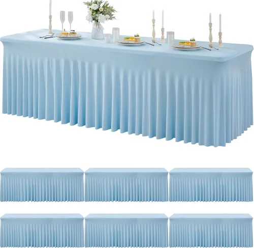 Miniatura 76 de Paquete de 2 manteles de spandex para mesas rectangulares de 8 pies, mantel elástico rosa de 8 pies, manteles ajustados, falda de mesa para fiestas