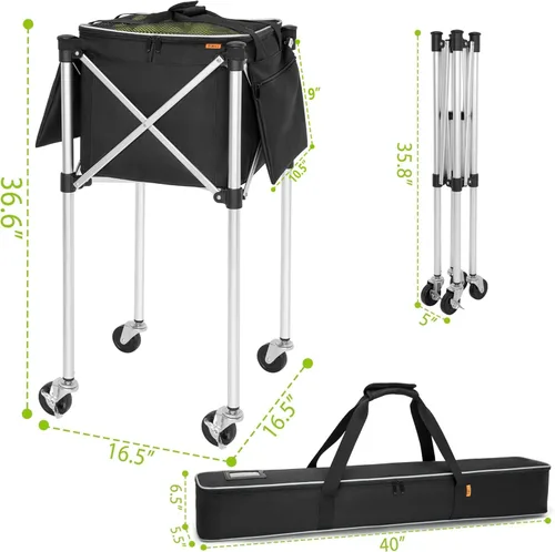 Miniatura 4 de Carrito plegable para pelotas de tenis con capacidad para 180 pelotas de tenis con ruedas, carros de enseñanza deportivos con bolsa