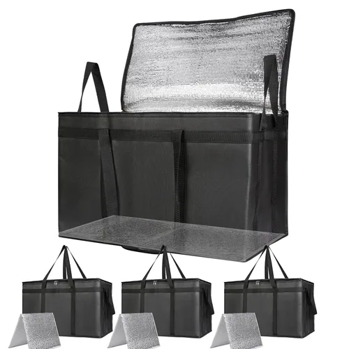 Miniatura 25 de Bolsa térmica, suave y aislada, bolsa de alimentos plegable para entrega de alimentos, portátil, color gris negro, paquete de 4, tamaño L Gris oscuro