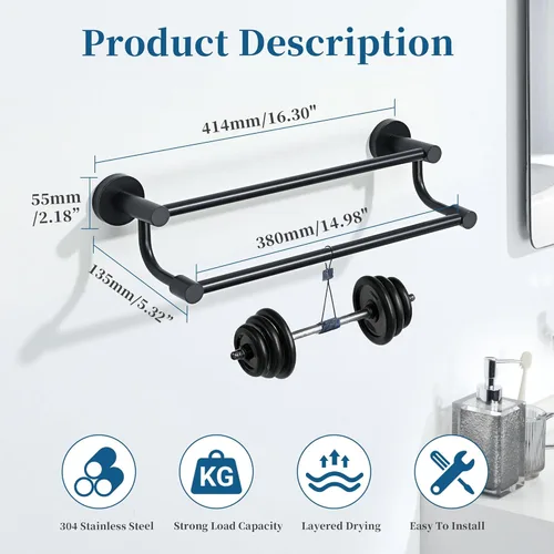 Miniatura 2 de Alise Toallero doble, toallero de 16 pulgadas para baño, soporte de toalla de montaje en pared, toallero de secado rápido, toallero de acero Negro
