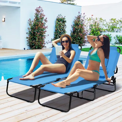 Miniatura 2 de Sillón plegable de playa con 5 respaldos ajustables y almohada acolchada, tumbona para tomar el sol, silla plana de bronceado para cubierta de Azul