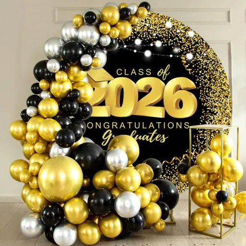 Miniatura 3 de Cubierta de fondo redonda de graduación para clase de 2025, telón de fondo redondo negro y dorado, decoración de fiesta de graduación, cubierta