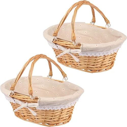 Miniatura 10 de Paquete de 2 cestas de mimbre de tamaño mediano con asa, 12.6 x 9 x 4.7 pulgadas, cesta de mimbre para pícnic con forro, cesta de regalo vacía