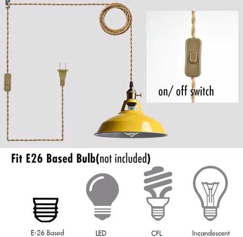 Miniatura 7 de YUBOLE Lámpara colgante nórdica con enchufe, lámpara colgante de metal para granero, lámpara colgante para cocina, dormitorio, vestíbulo, amarilla
