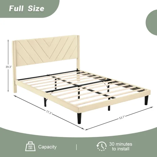 Miniatura 2 de Base de cama de plataforma de tamaño matrimonial con cabecera de terciopelo, borde de ala, listones de madera resistentes, sin ruido, no necesita
