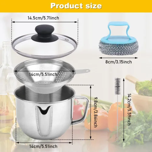 Miniatura 2 de Separador de grasa de acero inoxidable para 4 tazas/33.8 fl oz, separador de grasa con colador y tapa de vidrio, taza separadora de aceite de sopa