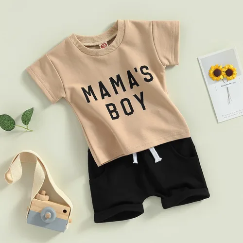 Miniatura 22 de Conjunto de traje de verano para bebé niño pequeño, manga corta, cuello redondo, letras impresas, lindo traje de verano, conjunto de 2 piezas