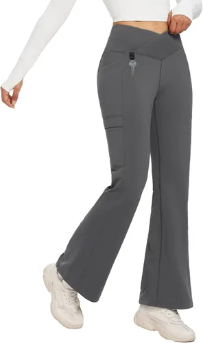 BALEAF Pantalones forrados de vellón para mujer, para invierno, térmicos, resistentes al agua, estilo leggings, cruzados, acampanados, cálidos,