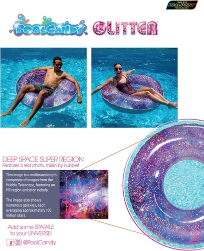 Miniatura 7 de PoolCandy Tubo de piscina Galaxy Glitter de 48 pulgadas – Anillo de natación inflable jumbo para espacio profundo con purpurina holográfica rosa