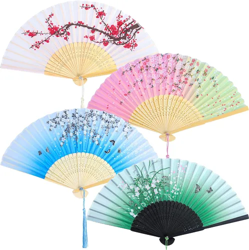 Aneco 4 ventiladores plegables de mano, abanicos de tela de seda, abanicos de mano para bodas, fiestas, regalos, decoración de pared