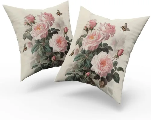Miniatura 8 de Sweetshow Juego de 2 fundas de almohada con estampado floral de rosas rosadas de 18 x 18 pulgadas, diseño vintage de hojas y abejas, arte moderno